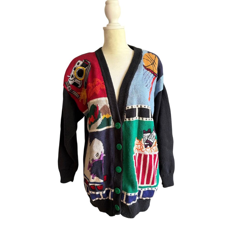 Vintage 90's P'Galli Fall Teacher Cardigan Popcorn Movie Basketball Camera Small